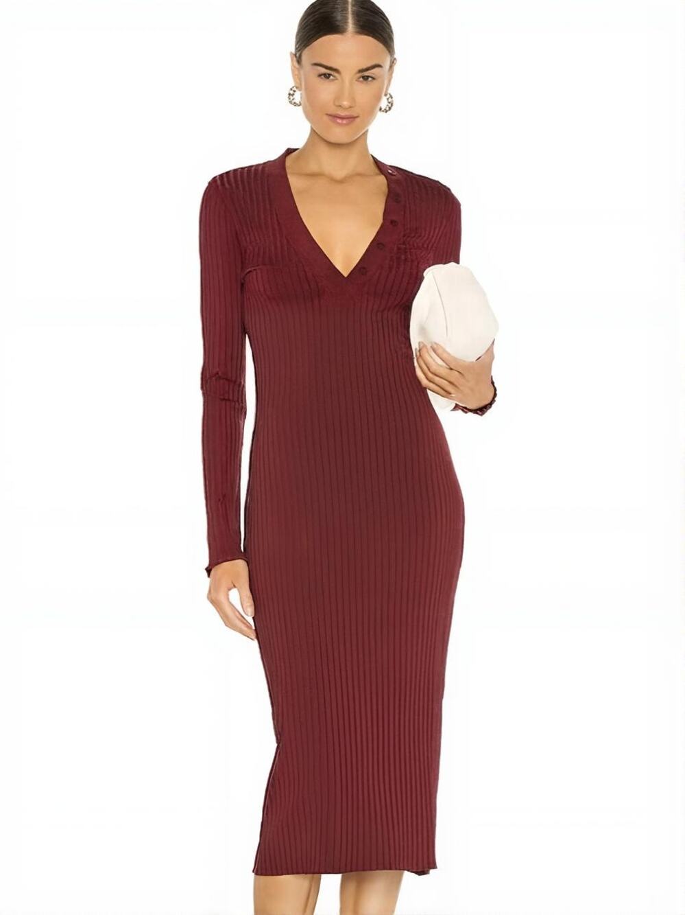 L'Academie Clarissa Ribbed Knit Midi Henley Dress Burgundy S